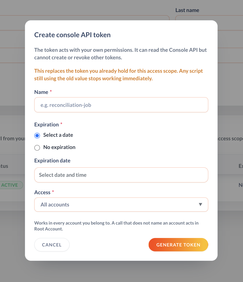 The Create console API token dialog, with the Name, Expiration and Access fields and the Generate token button.