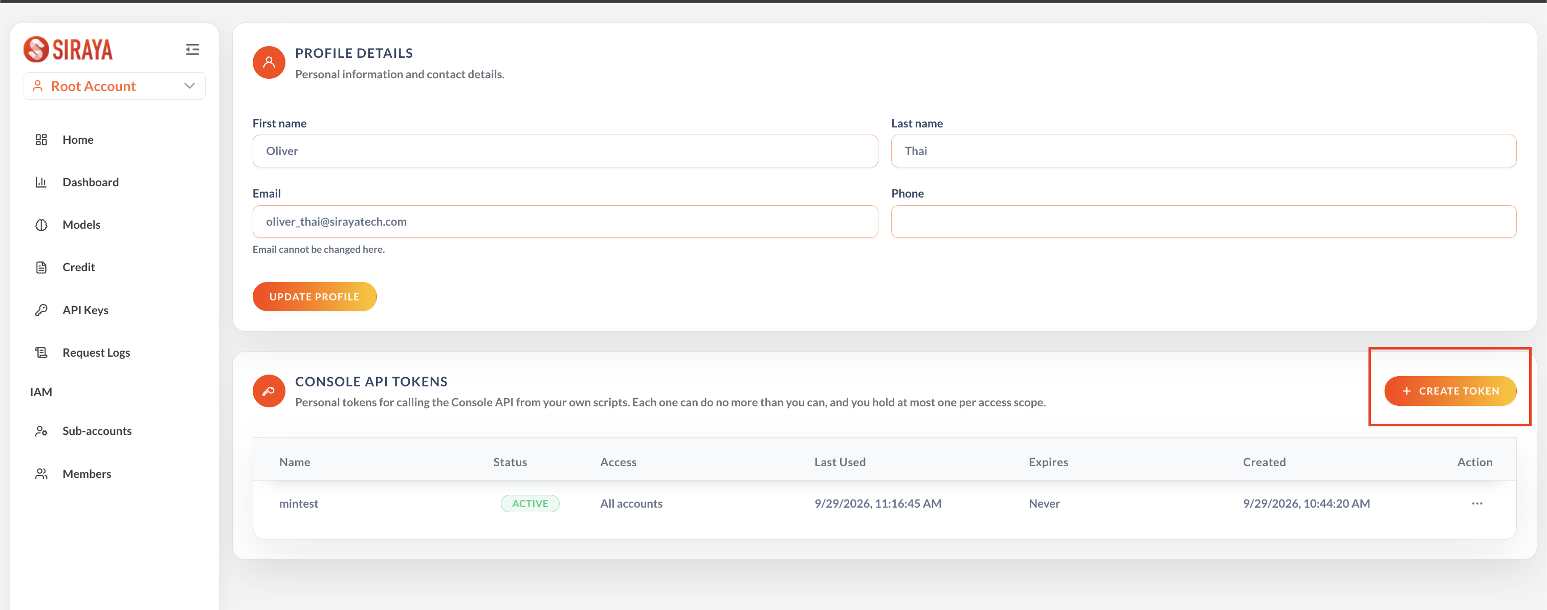 The Console API tokens panel on the profile page, listing existing tokens with the Create token button in the top-right corner.